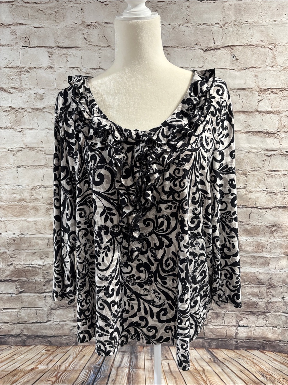 Rafaella Black and White Ruffle Front Blouse
